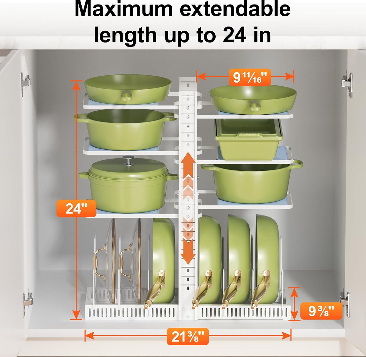 LAMU Pots and Pans Organizer under Cabinet, Adjustable Height Up to 24'', 6 Tier Pot Organizer Rack with 6 Horizontal Dividers, Adjustable Pot and Pan Organizer for Kitchen Storage, Black