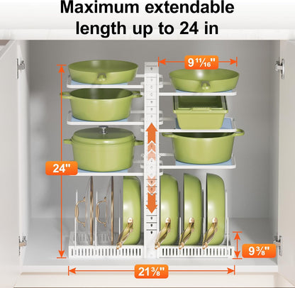 LAMU Pots and Pans Organizer under Cabinet, Adjustable Height Up to 24'', 6 Tier Pot Organizer Rack with 6 Horizontal Dividers, Adjustable Pot and Pan Organizer for Kitchen Storage, Black