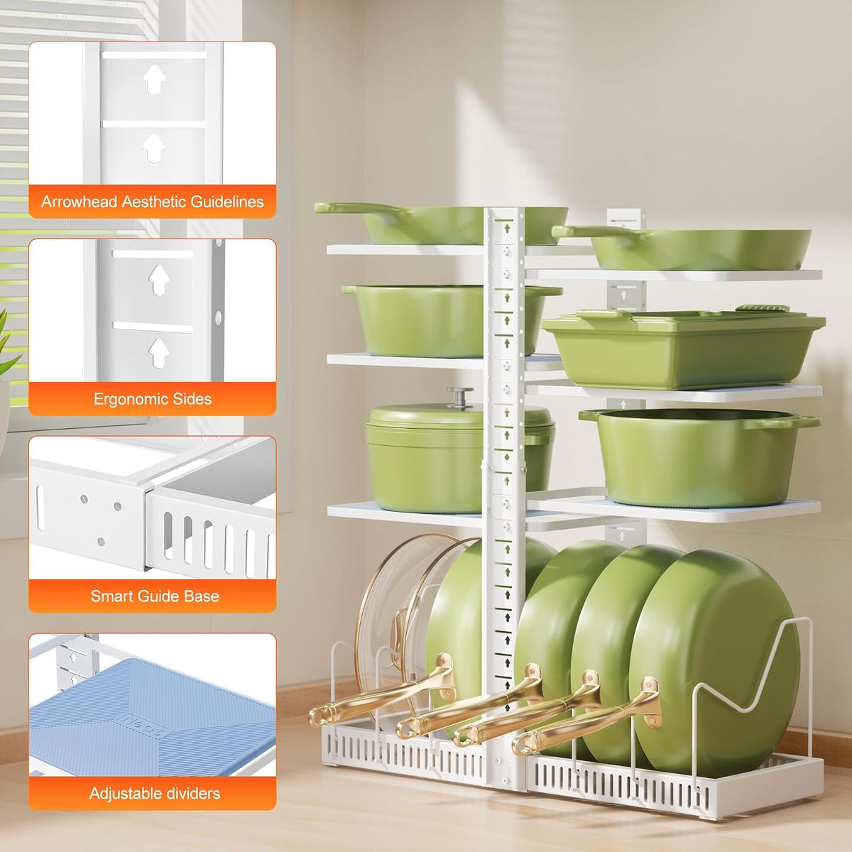 LAMU Pots and Pans Organizer under Cabinet, Adjustable Height Up to 24'', 6 Tier Pot Organizer Rack with 6 Horizontal Dividers, Adjustable Pot and Pan Organizer for Kitchen Storage, Black