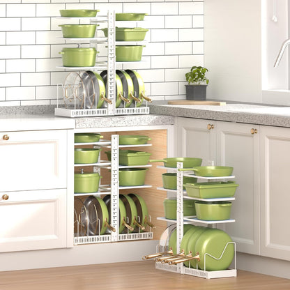 LAMU Pots and Pans Organizer under Cabinet, Adjustable Height Up to 24'', 6 Tier Pot Organizer Rack with 6 Horizontal Dividers, Adjustable Pot and Pan Organizer for Kitchen Storage, Black