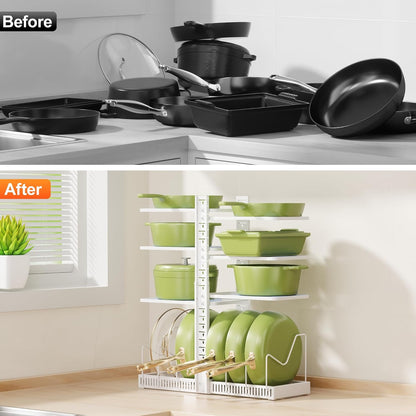 LAMU Pots and Pans Organizer under Cabinet, Adjustable Height Up to 24'', 6 Tier Pot Organizer Rack with 6 Horizontal Dividers, Adjustable Pot and Pan Organizer for Kitchen Storage, Black