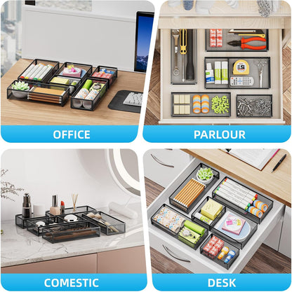 5 Pack Desk Drawer Organizer Set, Mesh Drawer Storage Trays with 1 Adjustable Divider, Desk Organizers and Accessories, 5 PCS Drawer for Office Supplies, Makeup & Vanity (Black)