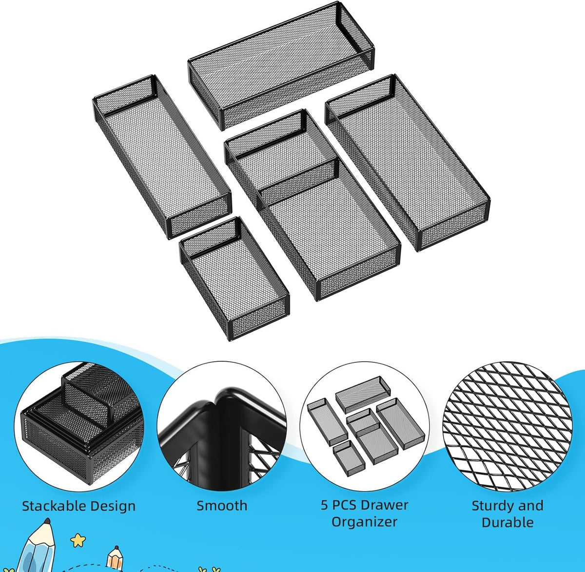 5 Pack Desk Drawer Organizer Set, Mesh Drawer Storage Trays with 1 Adjustable Divider, Desk Organizers and Accessories, 5 PCS Drawer for Office Supplies, Makeup & Vanity (Black)