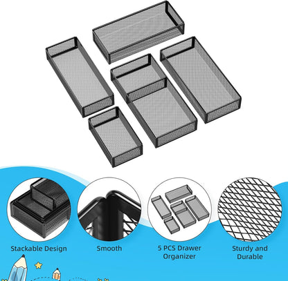 5 Pack Desk Drawer Organizer Set, Mesh Drawer Storage Trays with 1 Adjustable Divider, Desk Organizers and Accessories, 5 PCS Drawer for Office Supplies, Makeup & Vanity (Black)