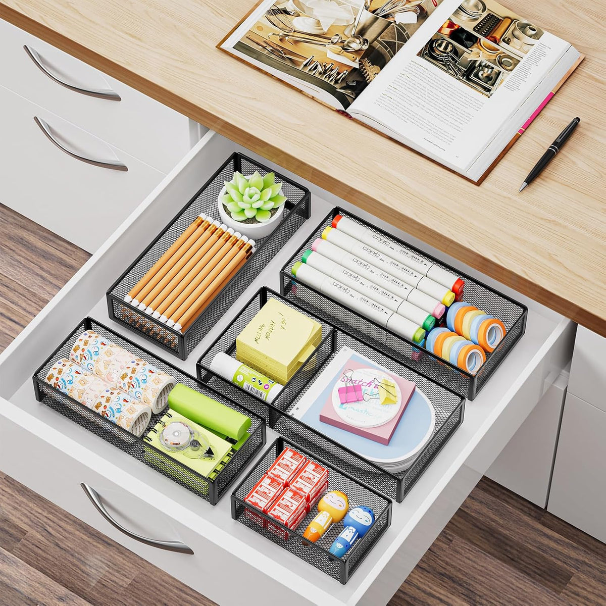 5 Pack Desk Drawer Organizer Set, Mesh Drawer Storage Trays with 1 Adjustable Divider, Desk Organizers and Accessories, 5 PCS Drawer for Office Supplies, Makeup & Vanity (Black)
