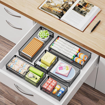 5 Pack Desk Drawer Organizer Set, Mesh Drawer Storage Trays with 1 Adjustable Divider, Desk Organizers and Accessories, 5 PCS Drawer for Office Supplies, Makeup & Vanity (Black)
