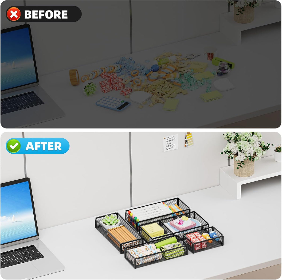 5 Pack Desk Drawer Organizer Set, Mesh Drawer Storage Trays with 1 Adjustable Divider, Desk Organizers and Accessories, 5 PCS Drawer for Office Supplies, Makeup & Vanity (Black)