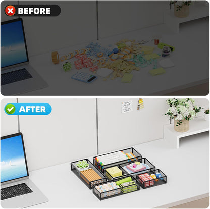 5 Pack Desk Drawer Organizer Set, Mesh Drawer Storage Trays with 1 Adjustable Divider, Desk Organizers and Accessories, 5 PCS Drawer for Office Supplies, Makeup & Vanity (Black)