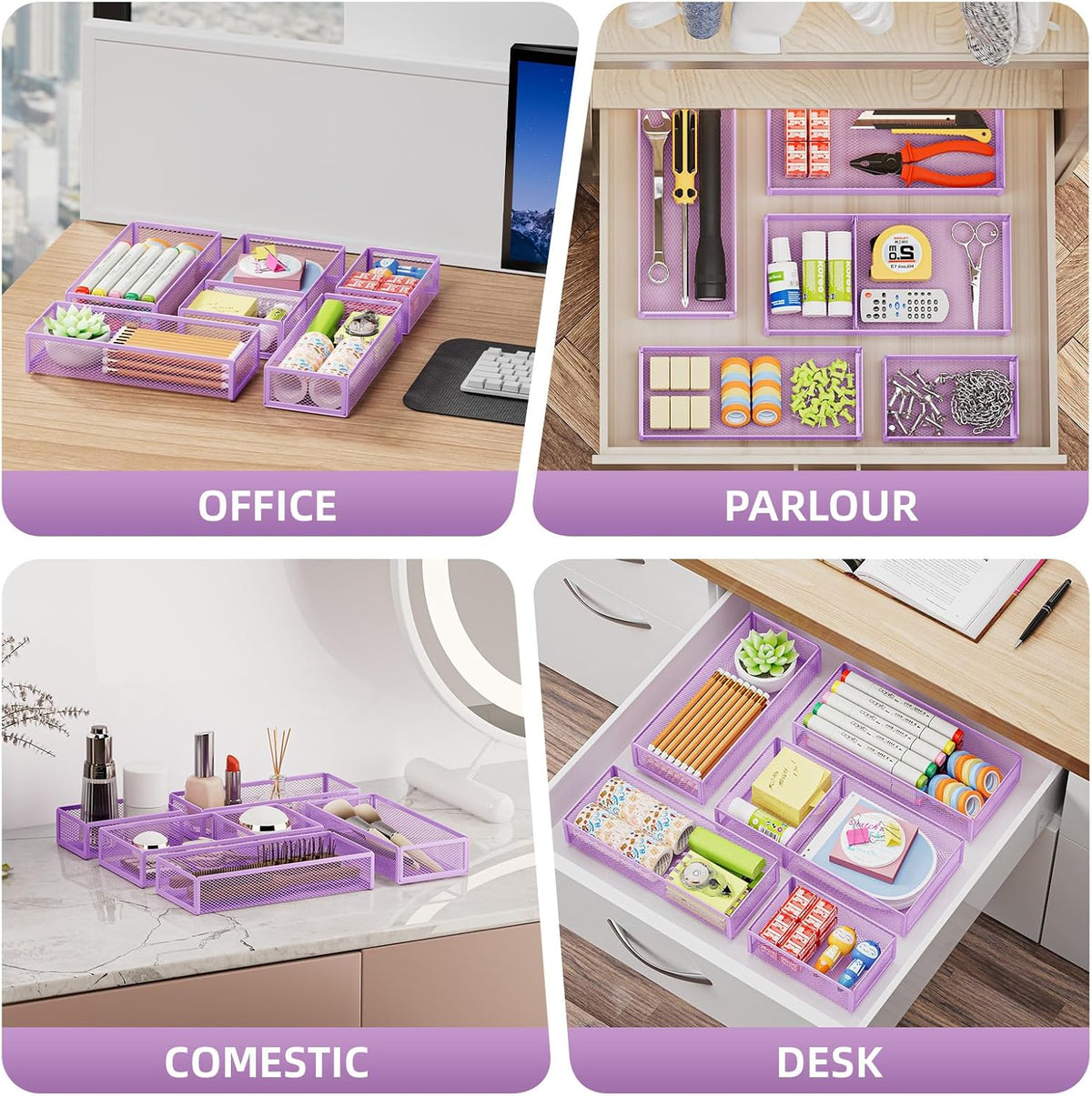 5 Pack Desk Drawer Organizer Set, Mesh Drawer Storage Trays with 1 Adjustable Divider, Desk Organizers and Accessories, 5 PCS Drawer for Office Supplies, Makeup & Vanity (Black)