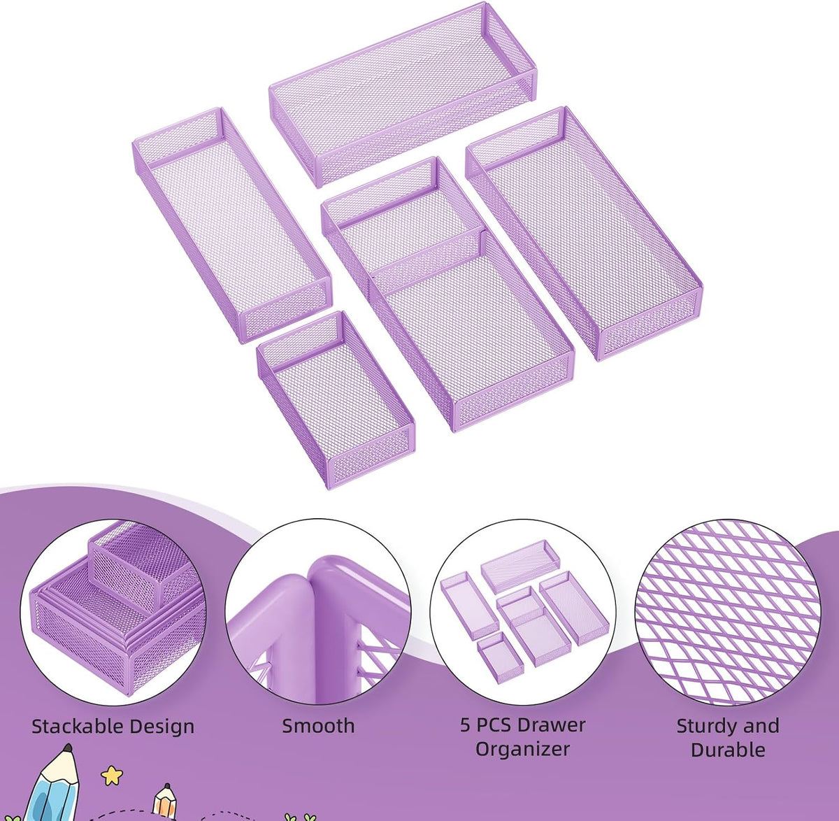5 Pack Desk Drawer Organizer Set, Mesh Drawer Storage Trays with 1 Adjustable Divider, Desk Organizers and Accessories, 5 PCS Drawer for Office Supplies, Makeup & Vanity (Black)