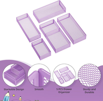 5 Pack Desk Drawer Organizer Set, Mesh Drawer Storage Trays with 1 Adjustable Divider, Desk Organizers and Accessories, 5 PCS Drawer for Office Supplies, Makeup & Vanity (Black)