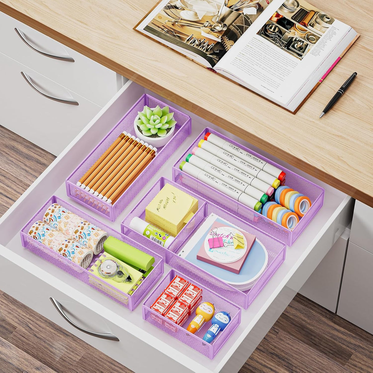 5 Pack Desk Drawer Organizer Set, Mesh Drawer Storage Trays with 1 Adjustable Divider, Desk Organizers and Accessories, 5 PCS Drawer for Office Supplies, Makeup & Vanity (Black)