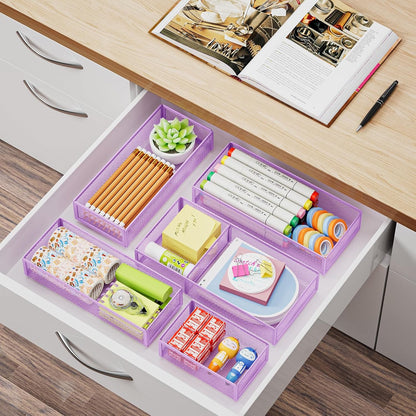 5 Pack Desk Drawer Organizer Set, Mesh Drawer Storage Trays with 1 Adjustable Divider, Desk Organizers and Accessories, 5 PCS Drawer for Office Supplies, Makeup & Vanity (Black)