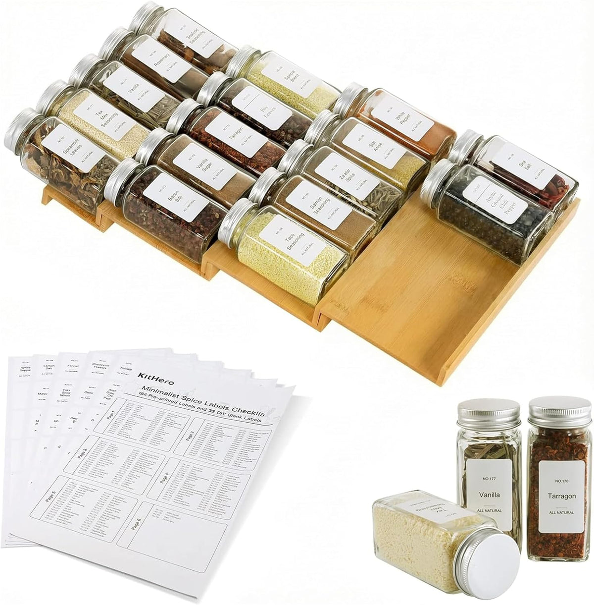 Spice Drawer Organizer with 24 Spice Jars,216 Labels,25 Non-slip Rubber, Bamboo 4 Tier Seasoning Rack Tray Insert for Kitchen Drawers,Cabinets,Countertop,11" Wide x 15.8" Deep
