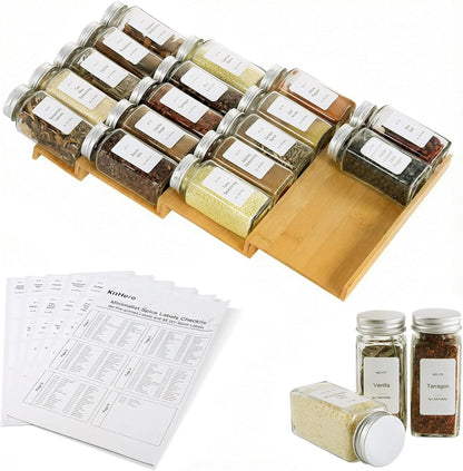 Spice Drawer Organizer with 24 Spice Jars,216 Labels,25 Non-slip Rubber, Bamboo 4 Tier Seasoning Rack Tray Insert for Kitchen Drawers,Cabinets,Countertop,11" Wide x 15.8" Deep