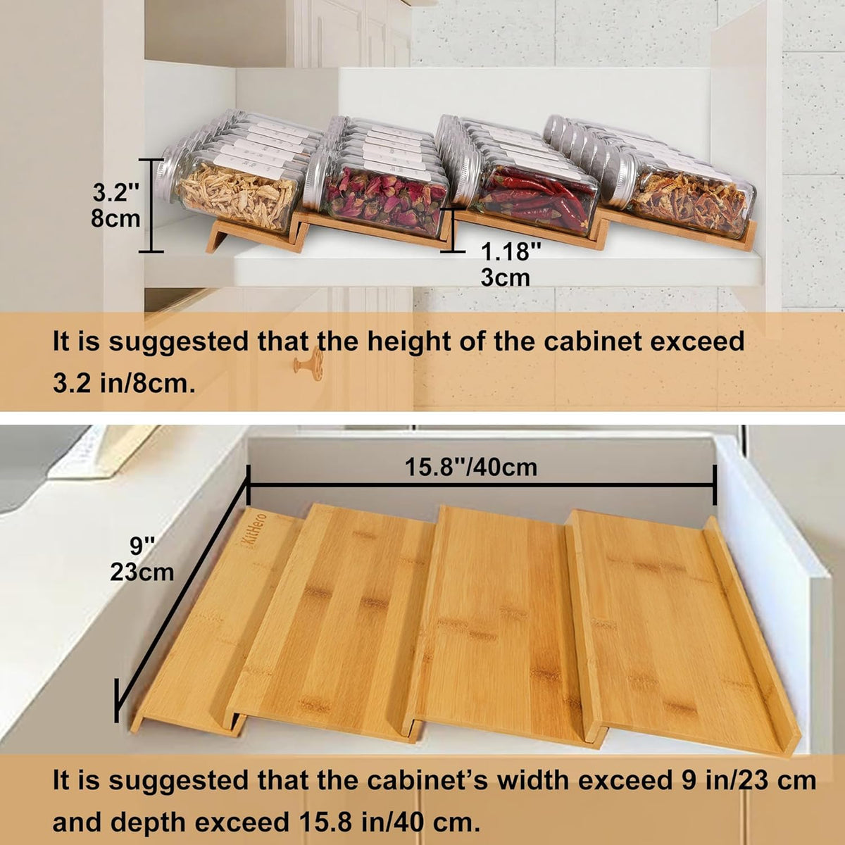 Spice Drawer Organizer with 24 Spice Jars,216 Labels,25 Non-slip Rubber, Bamboo 4 Tier Seasoning Rack Tray Insert for Kitchen Drawers,Cabinets,Countertop,11" Wide x 15.8" Deep