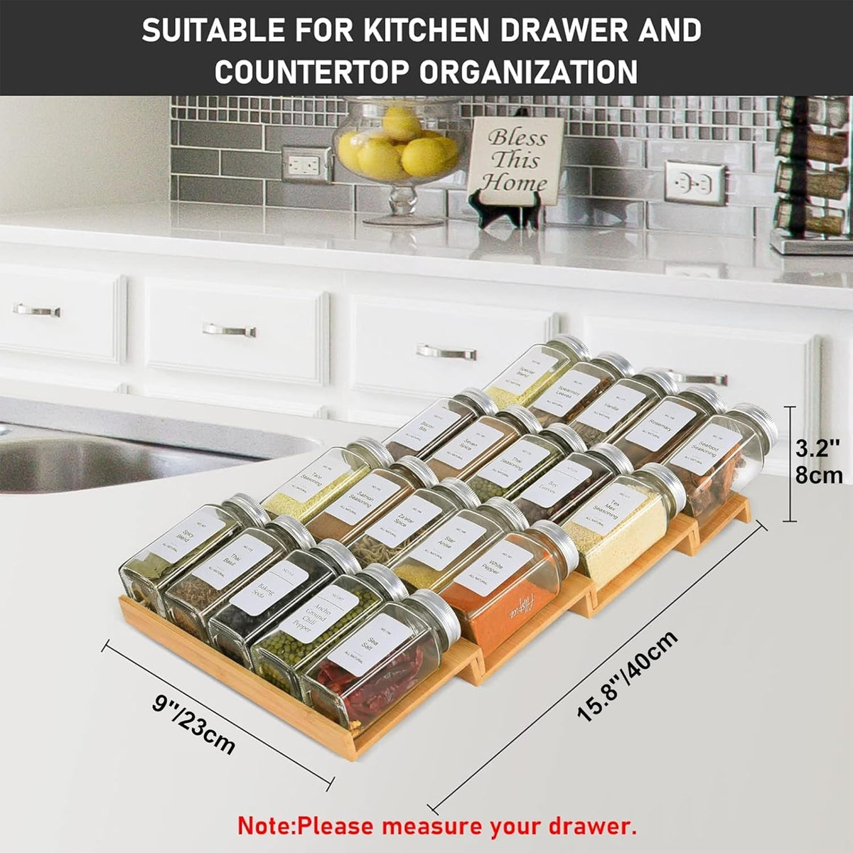 Spice Drawer Organizer with 24 Spice Jars,216 Labels,25 Non-slip Rubber, Bamboo 4 Tier Seasoning Rack Tray Insert for Kitchen Drawers,Cabinets,Countertop,11" Wide x 15.8" Deep