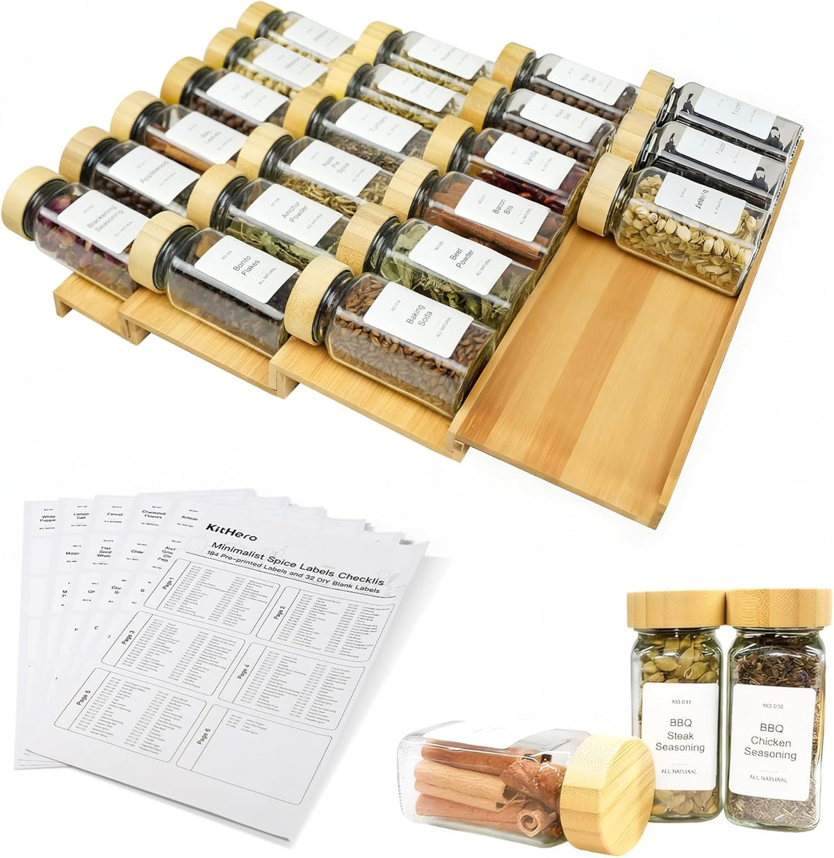 Spice Drawer Organizer with 24 Spice Jars,216 Labels,25 Non-slip Rubber, Bamboo 4 Tier Seasoning Rack Tray Insert for Kitchen Drawers,Cabinets,Countertop,11" Wide x 15.8" Deep