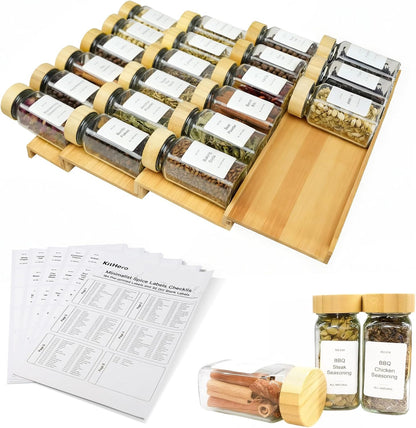 Spice Drawer Organizer with 24 Spice Jars,216 Labels,25 Non-slip Rubber, Bamboo 4 Tier Seasoning Rack Tray Insert for Kitchen Drawers,Cabinets,Countertop,11" Wide x 15.8" Deep