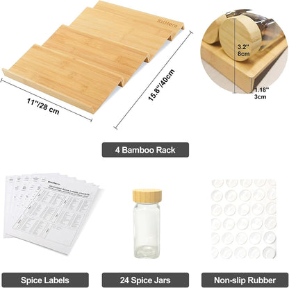 Spice Drawer Organizer with 24 Spice Jars,216 Labels,25 Non-slip Rubber, Bamboo 4 Tier Seasoning Rack Tray Insert for Kitchen Drawers,Cabinets,Countertop,11" Wide x 15.8" Deep