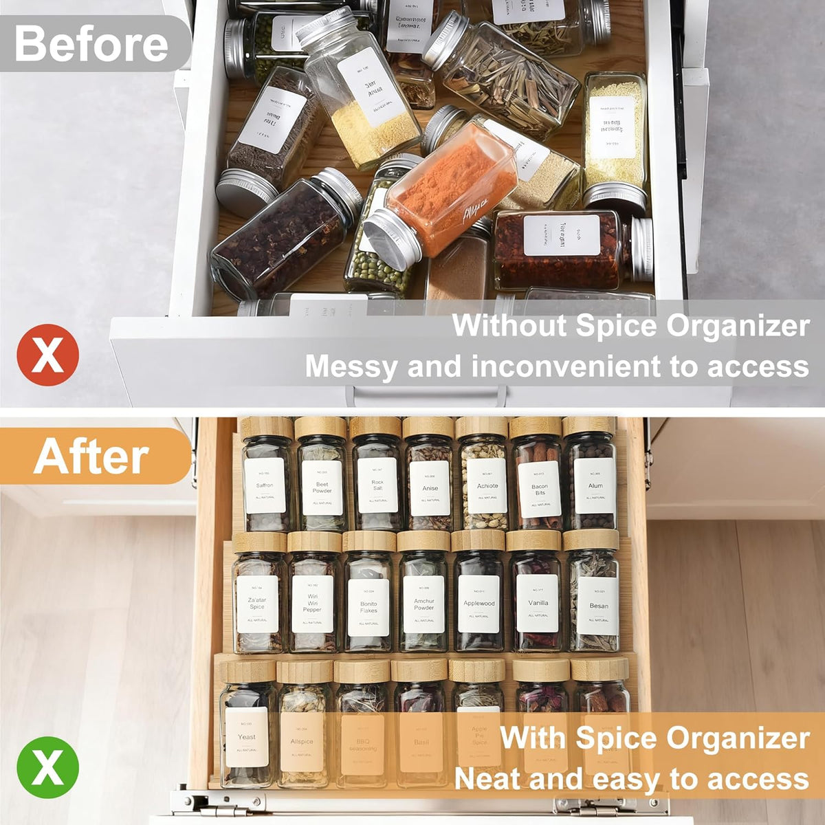 Spice Drawer Organizer with 24 Spice Jars,216 Labels,25 Non-slip Rubber, Bamboo 4 Tier Seasoning Rack Tray Insert for Kitchen Drawers,Cabinets,Countertop,11" Wide x 15.8" Deep