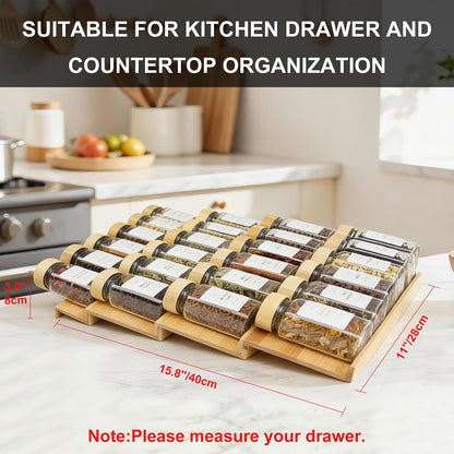 Spice Drawer Organizer with 24 Spice Jars,216 Labels,25 Non-slip Rubber, Bamboo 4 Tier Seasoning Rack Tray Insert for Kitchen Drawers,Cabinets,Countertop,11" Wide x 15.8" Deep