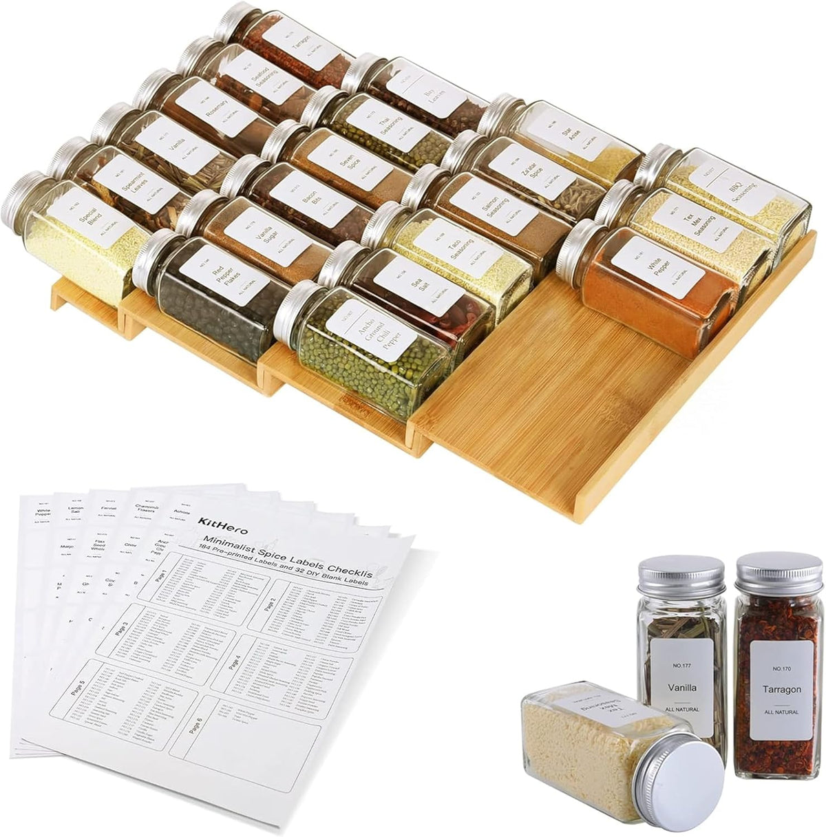 Spice Drawer Organizer with 24 Spice Jars,216 Labels,25 Non-slip Rubber, Bamboo 4 Tier Seasoning Rack Tray Insert for Kitchen Drawers,Cabinets,Countertop,11" Wide x 15.8" Deep