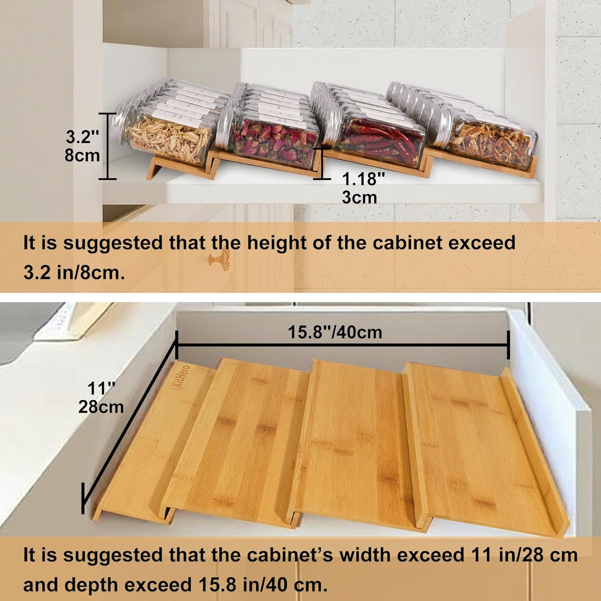 Spice Drawer Organizer with 24 Spice Jars,216 Labels,25 Non-slip Rubber, Bamboo 4 Tier Seasoning Rack Tray Insert for Kitchen Drawers,Cabinets,Countertop,11" Wide x 15.8" Deep