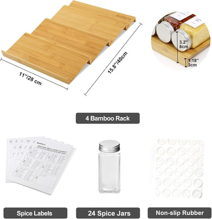 Spice Drawer Organizer with 24 Spice Jars,216 Labels,25 Non-slip Rubber, Bamboo 4 Tier Seasoning Rack Tray Insert for Kitchen Drawers,Cabinets,Countertop,11" Wide x 15.8" Deep