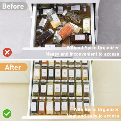 Spice Drawer Organizer with 24 Spice Jars,216 Labels,25 Non-slip Rubber, Bamboo 4 Tier Seasoning Rack Tray Insert for Kitchen Drawers,Cabinets,Countertop,11" Wide x 15.8" Deep