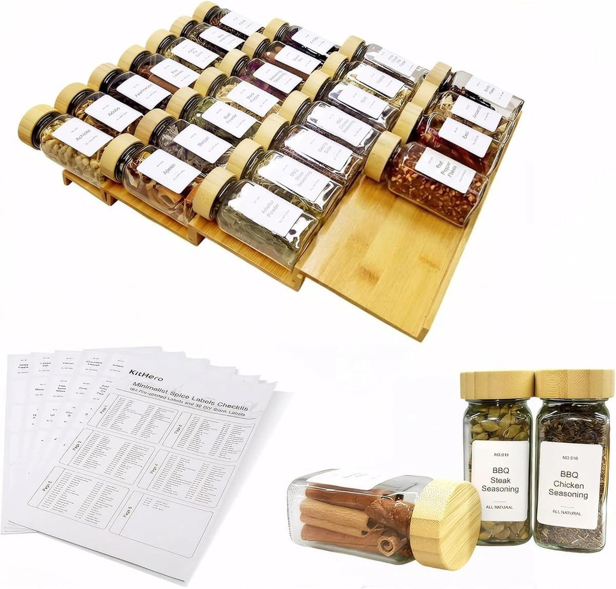 Spice Drawer Organizer with 24 Spice Jars,216 Labels,25 Non-slip Rubber, Bamboo 4 Tier Seasoning Rack Tray Insert for Kitchen Drawers,Cabinets,Countertop,11" Wide x 15.8" Deep