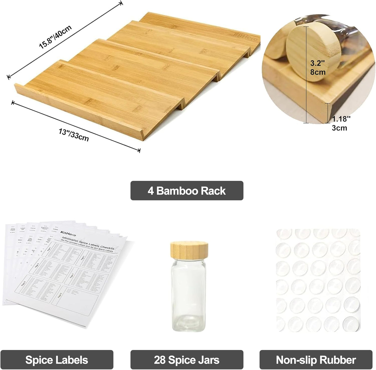 Spice Drawer Organizer with 24 Spice Jars,216 Labels,25 Non-slip Rubber, Bamboo 4 Tier Seasoning Rack Tray Insert for Kitchen Drawers,Cabinets,Countertop,11" Wide x 15.8" Deep