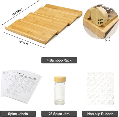 Spice Drawer Organizer with 24 Spice Jars,216 Labels,25 Non-slip Rubber, Bamboo 4 Tier Seasoning Rack Tray Insert for Kitchen Drawers,Cabinets,Countertop,11" Wide x 15.8" Deep