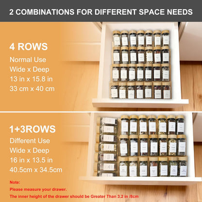 Spice Drawer Organizer with 24 Spice Jars,216 Labels,25 Non-slip Rubber, Bamboo 4 Tier Seasoning Rack Tray Insert for Kitchen Drawers,Cabinets,Countertop,11" Wide x 15.8" Deep