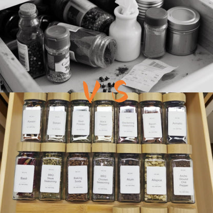 Spice Drawer Organizer with 24 Spice Jars,216 Labels,25 Non-slip Rubber, Bamboo 4 Tier Seasoning Rack Tray Insert for Kitchen Drawers,Cabinets,Countertop,11" Wide x 15.8" Deep