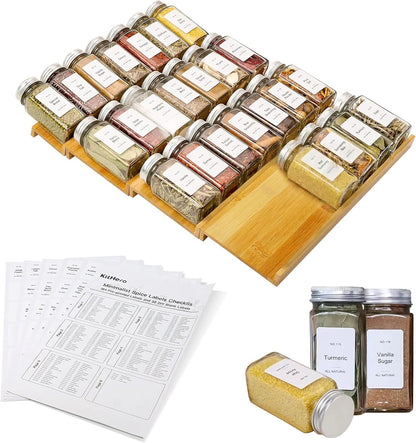 Spice Drawer Organizer with 24 Spice Jars,216 Labels,25 Non-slip Rubber, Bamboo 4 Tier Seasoning Rack Tray Insert for Kitchen Drawers,Cabinets,Countertop,11" Wide x 15.8" Deep