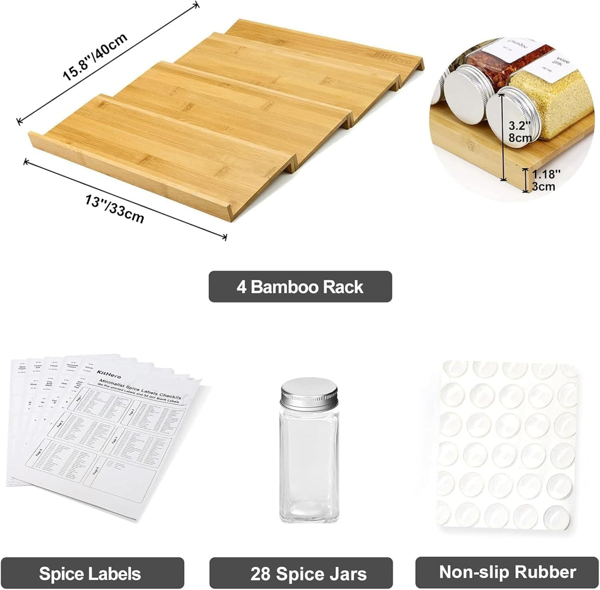 Spice Drawer Organizer with 24 Spice Jars,216 Labels,25 Non-slip Rubber, Bamboo 4 Tier Seasoning Rack Tray Insert for Kitchen Drawers,Cabinets,Countertop,11" Wide x 15.8" Deep