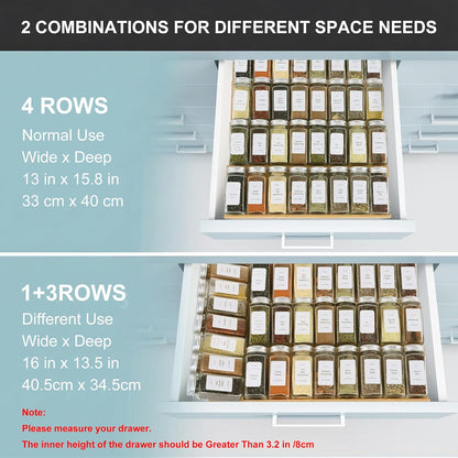 Spice Drawer Organizer with 24 Spice Jars,216 Labels,25 Non-slip Rubber, Bamboo 4 Tier Seasoning Rack Tray Insert for Kitchen Drawers,Cabinets,Countertop,11" Wide x 15.8" Deep