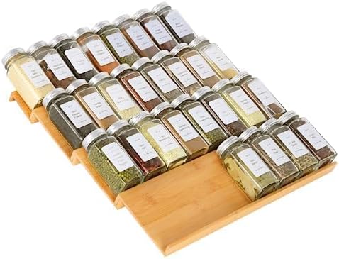 Spice Drawer Organizer with 24 Spice Jars,216 Labels,25 Non-slip Rubber, Bamboo 4 Tier Seasoning Rack Tray Insert for Kitchen Drawers,Cabinets,Countertop,11" Wide x 15.8" Deep