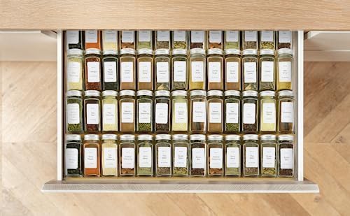 Spice Drawer Organizer with 24 Spice Jars,216 Labels,25 Non-slip Rubber, Bamboo 4 Tier Seasoning Rack Tray Insert for Kitchen Drawers,Cabinets,Countertop,11" Wide x 15.8" Deep