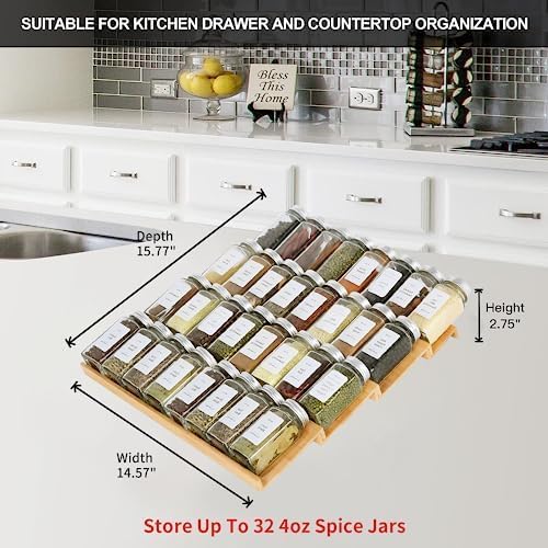 Spice Drawer Organizer with 24 Spice Jars,216 Labels,25 Non-slip Rubber, Bamboo 4 Tier Seasoning Rack Tray Insert for Kitchen Drawers,Cabinets,Countertop,11" Wide x 15.8" Deep