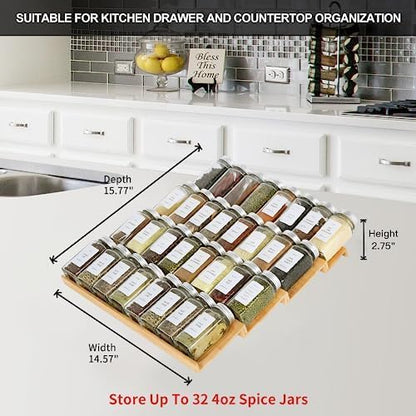 Spice Drawer Organizer with 24 Spice Jars,216 Labels,25 Non-slip Rubber, Bamboo 4 Tier Seasoning Rack Tray Insert for Kitchen Drawers,Cabinets,Countertop,11" Wide x 15.8" Deep