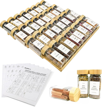 Spice Drawer Organizer with 24 Spice Jars,216 Labels,25 Non-slip Rubber, Bamboo 4 Tier Seasoning Rack Tray Insert for Kitchen Drawers,Cabinets,Countertop,11" Wide x 15.8" Deep