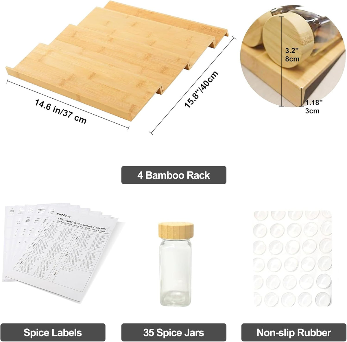 Spice Drawer Organizer with 24 Spice Jars,216 Labels,25 Non-slip Rubber, Bamboo 4 Tier Seasoning Rack Tray Insert for Kitchen Drawers,Cabinets,Countertop,11" Wide x 15.8" Deep