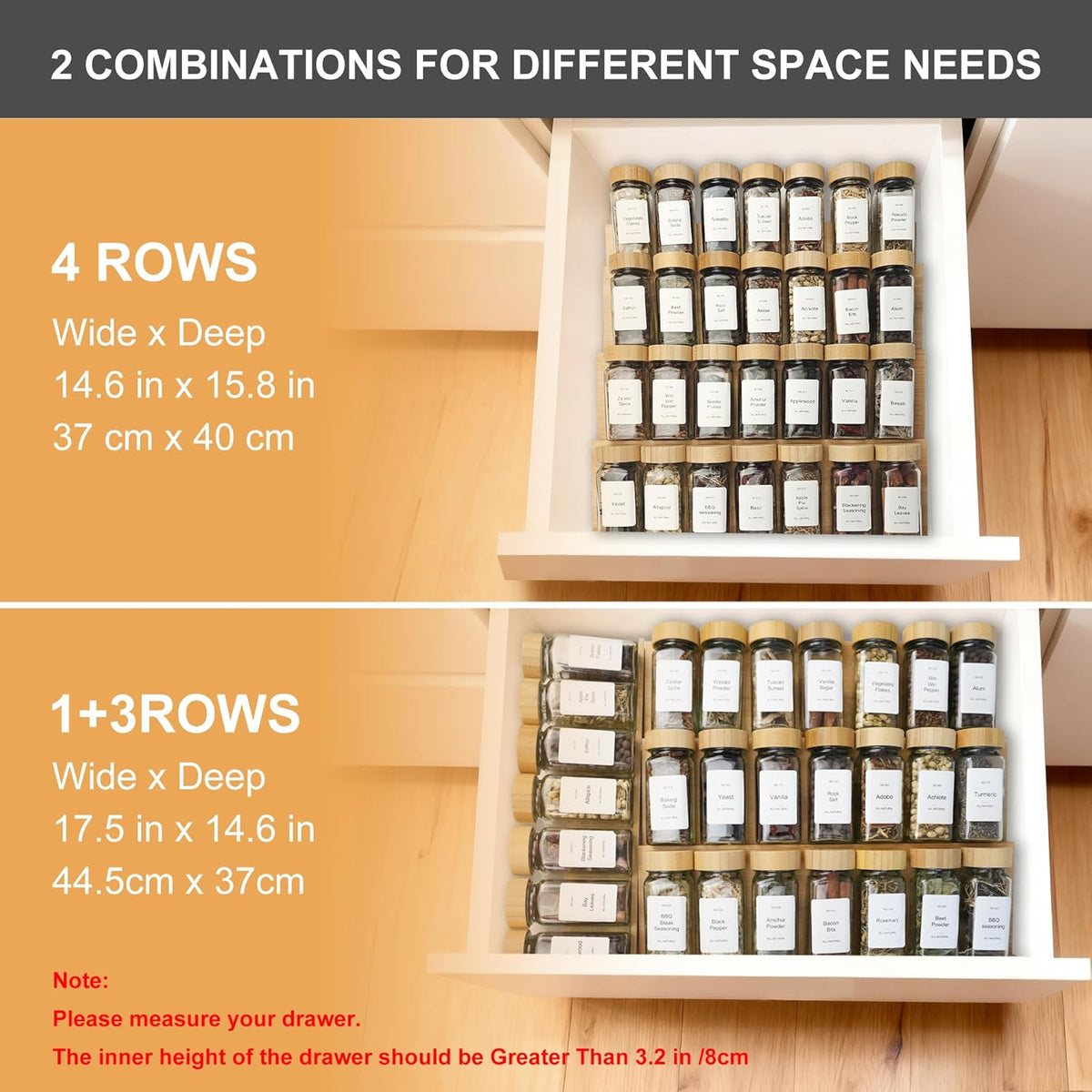 Spice Drawer Organizer with 24 Spice Jars,216 Labels,25 Non-slip Rubber, Bamboo 4 Tier Seasoning Rack Tray Insert for Kitchen Drawers,Cabinets,Countertop,11" Wide x 15.8" Deep