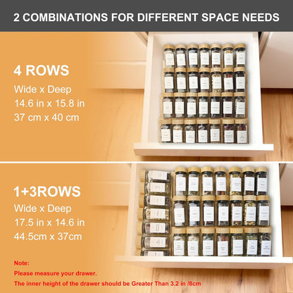 Spice Drawer Organizer with 24 Spice Jars,216 Labels,25 Non-slip Rubber, Bamboo 4 Tier Seasoning Rack Tray Insert for Kitchen Drawers,Cabinets,Countertop,11" Wide x 15.8" Deep