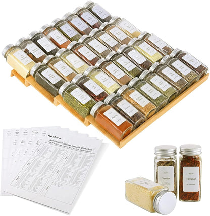 Spice Drawer Organizer with 24 Spice Jars,216 Labels,25 Non-slip Rubber, Bamboo 4 Tier Seasoning Rack Tray Insert for Kitchen Drawers,Cabinets,Countertop,11" Wide x 15.8" Deep