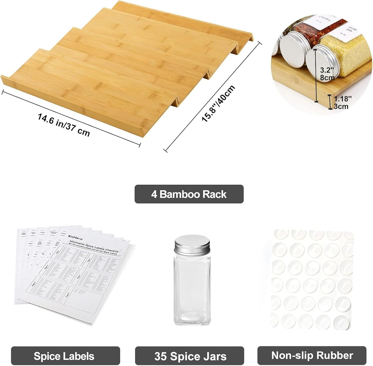 Spice Drawer Organizer with 24 Spice Jars,216 Labels,25 Non-slip Rubber, Bamboo 4 Tier Seasoning Rack Tray Insert for Kitchen Drawers,Cabinets,Countertop,11" Wide x 15.8" Deep