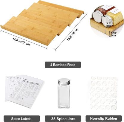 Spice Drawer Organizer with 24 Spice Jars,216 Labels,25 Non-slip Rubber, Bamboo 4 Tier Seasoning Rack Tray Insert for Kitchen Drawers,Cabinets,Countertop,11" Wide x 15.8" Deep