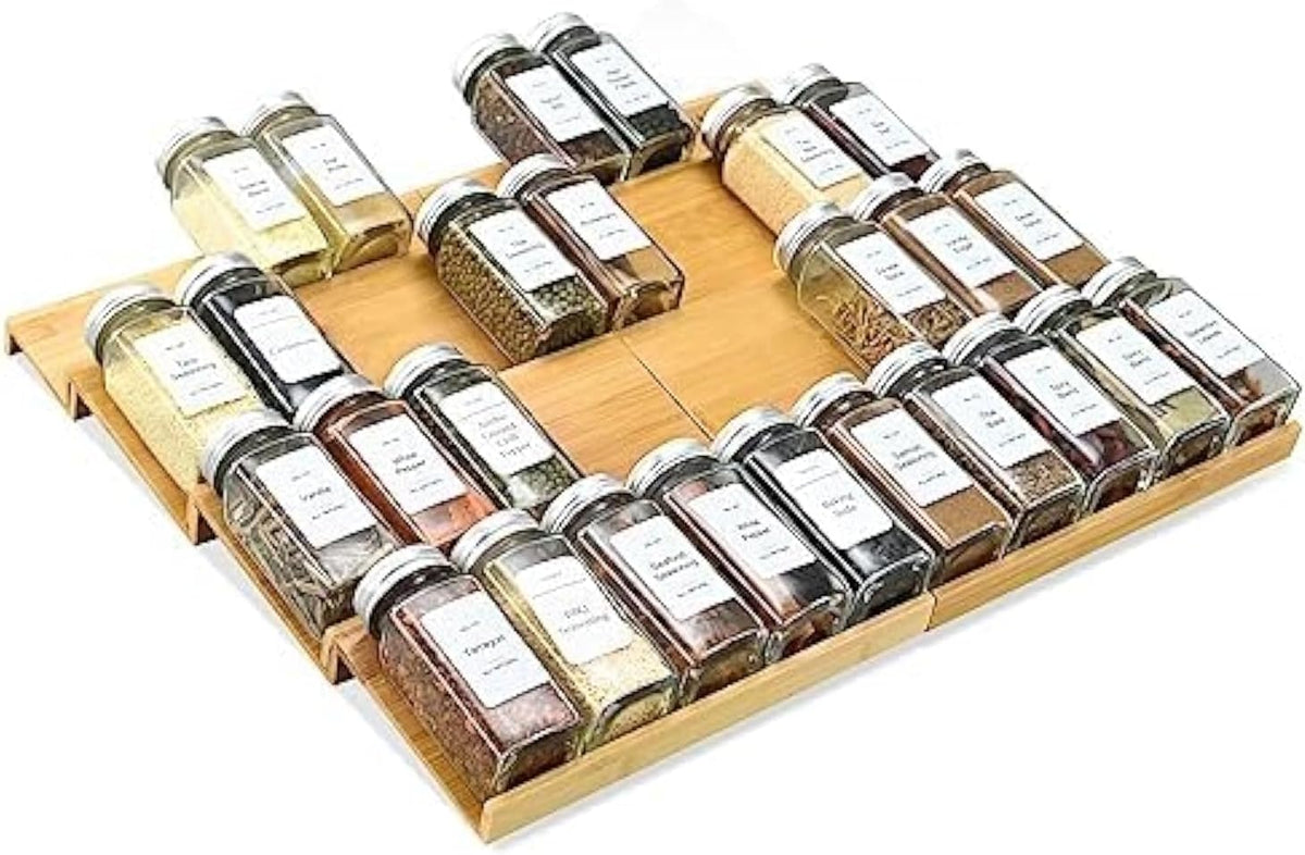 Spice Drawer Organizer with 24 Spice Jars,216 Labels,25 Non-slip Rubber, Bamboo 4 Tier Seasoning Rack Tray Insert for Kitchen Drawers,Cabinets,Countertop,11" Wide x 15.8" Deep